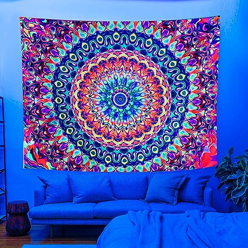 Blacklight Colorful Mandala Tapestry 90"x70" Kaleidoscopic Trippy Room Decor Black Light Poster Bohemian Wall Decor for Bedroom Backdrop Decor