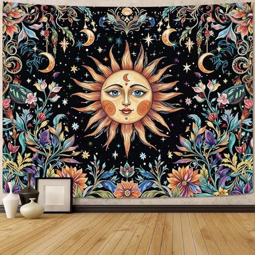 Sun and Moon Tapestry Hippie Boho Floral Wall Tapestry for Bedroom Aesthetic Colorful Flowers Vintage Celestial Botanical Plant Large Tapestries Wall Hanging for Living Room Dorm 80 x 60 Inch