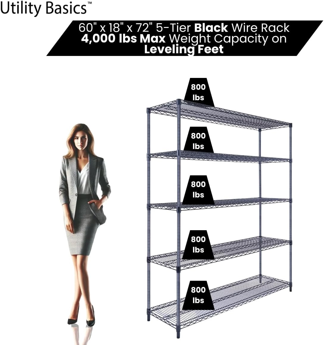 60"x18"x72" Black 5-Tier Premium Wire Shelving NSF 4000 LBS MAX Capacity Heavy Duty Steel Storage Rack for Warehouses, Garages, Hospitals, Commercial Spaces, & Schools w/Premium Wheels - NestledHome