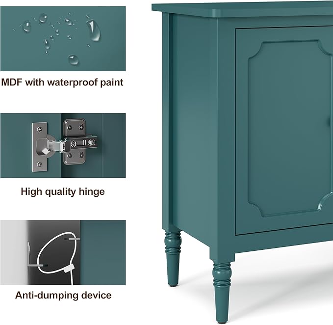 RoyalCraft 59" Buffet Cabinet with Storage, Vintage Sideboard with Adjustable Shelves & Carved Handle, Mid Century Modern Painted Credenza Coffee Bar for Kitchen, Dining Room, Turquoise Blue