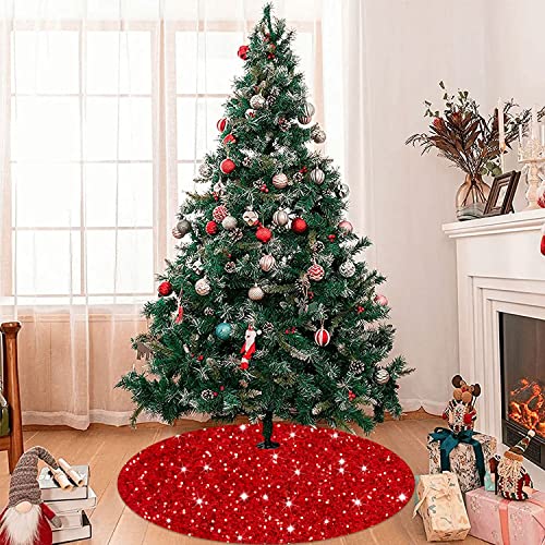 Red Christmas Tree Skirt Mini Glitter Tree Skirts 21 Inch Sequin Xmas Tree Skirt Thick Velvet Tree Mat Small Sparkly Tree Skirts Bling Christmas Tree Skirting Collar for Winter Holiday Decor
