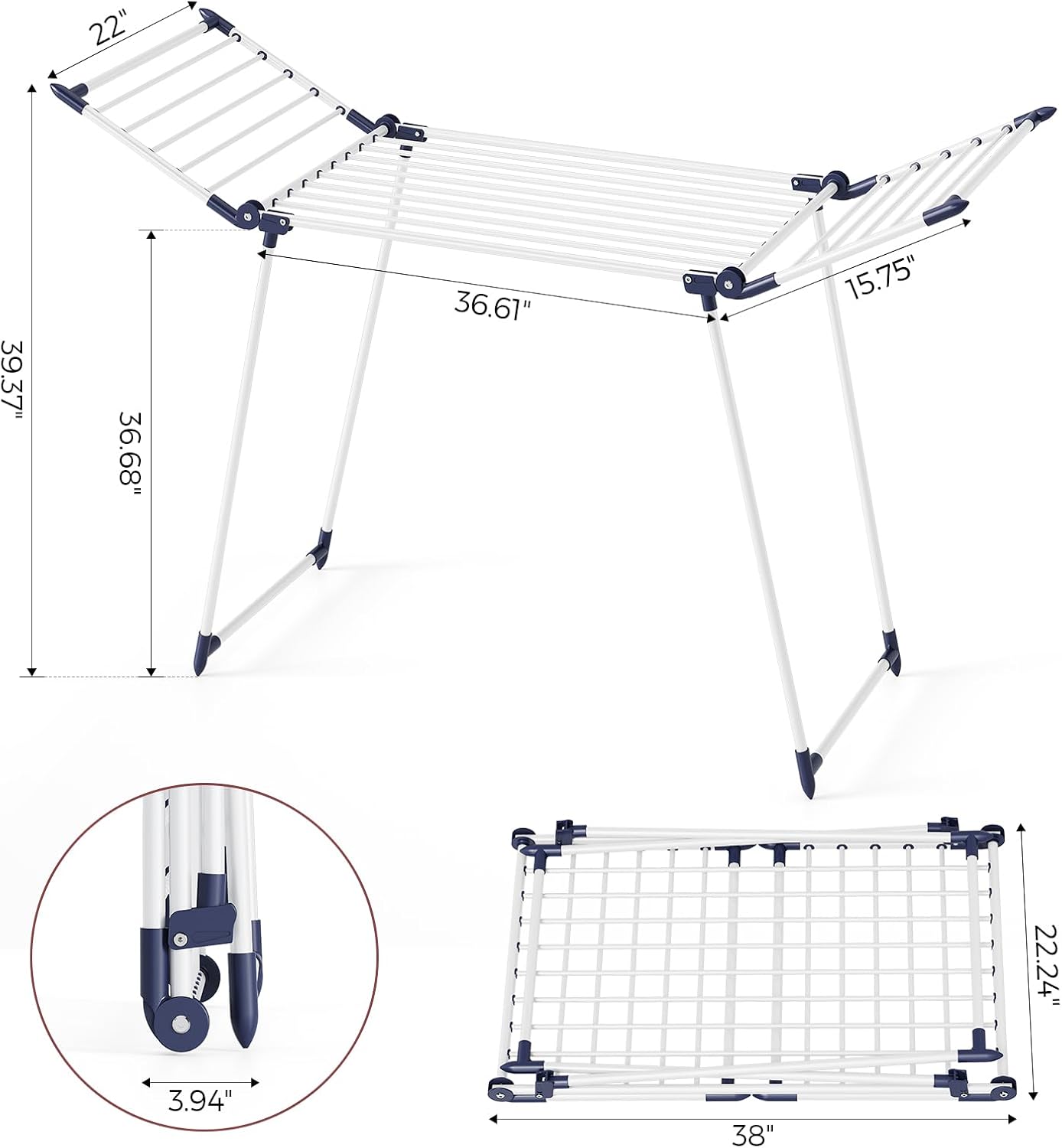 APEXCHASER Clothes Drying Rack Foldable, Large Drying Rack Clothing, Winged Laundry Rack Folding Indoor Outdoor, Metal Clothes Airer for Bedding Towel Sweater Heavy Duty, 68.9" X 22" X 39.3", White - NestledHome