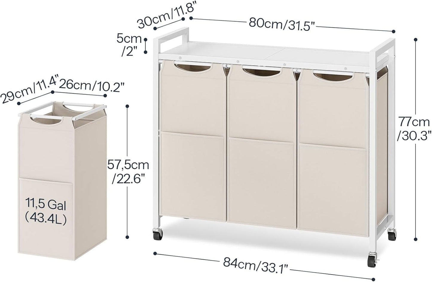 HOOBRO Laundry Sorter 3 Section, Laundry Hamper with Wheels, 3 × 11.5 Gal (43.4L), Rolling Laundry Basket, Pull-Out and Removable Oxford Fabric Bags, White WG76XY01 - NestledHome
