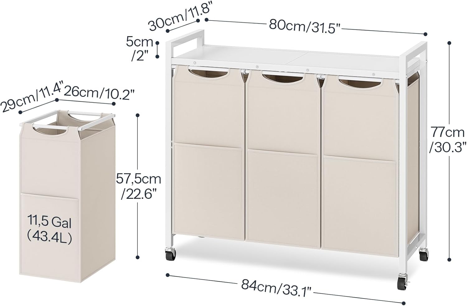 HOOBRO Laundry Sorter 3 Section, Laundry Hamper with Wheels, 3 × 11.5 Gal (43.4L), Rolling Laundry Basket, Pull-Out and Removable Oxford Fabric Bags, White WG76XY01 - NestledHome