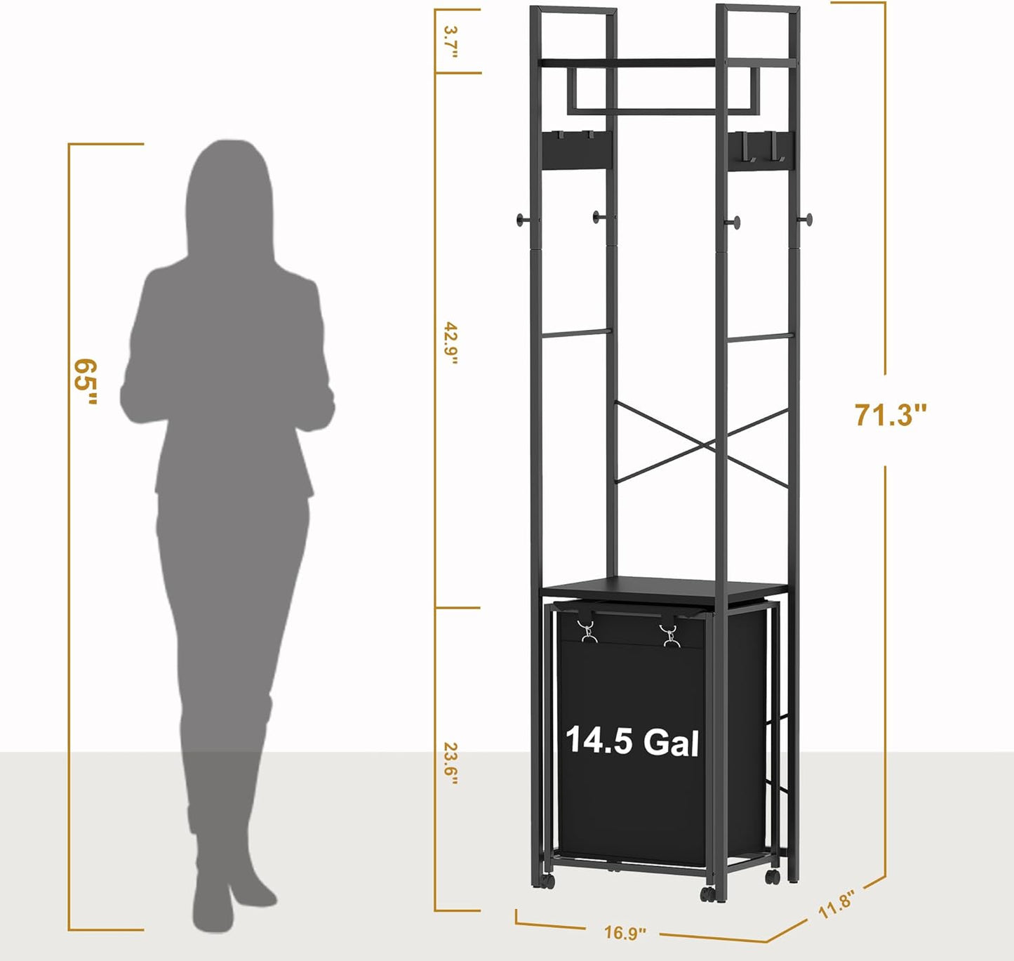 Coat Rack with Laundry Basket, Laundry Hamper Freestanding Hall Tree, Clothes Rack with Storage Shelves, 14.5 Gal Removable Bags on Wheels, Black JLH005B - NestledHome