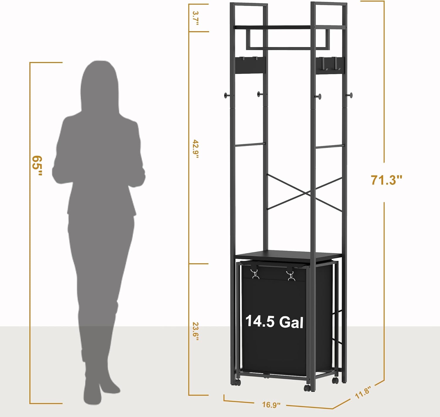 Coat Rack with Laundry Basket, Laundry Hamper Freestanding Hall Tree, Clothes Rack with Storage Shelves, 14.5 Gal Removable Bags on Wheels, Black JLH005B - NestledHome