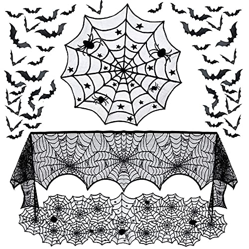 4 Pack Halloween Decorations Tablecloth Runner Black Lace Round Spider Cobweb Table Cover Fireplace Mantel Scarf Spiderweb with 60 Pcs 3D PVC Scary Black Bat Sticker Halloween Party Supplies (63 Count)