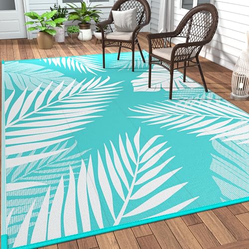 Outdoor Rug Waterproof Plastic Rugs 10'x14' for Camping Navy White (140 Sq Ft)