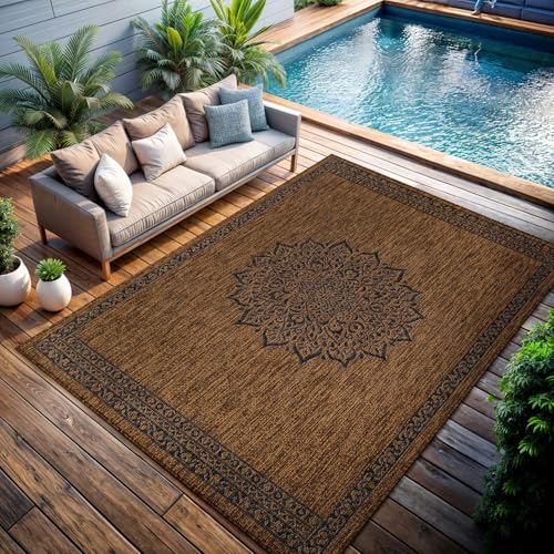 Outdoor Rug 6x9 Medallion Gold Modern Area Rugs for Indoor and Outdoor Patios Kitchen and Hallway Mats Washable Porch Deck Outside Carpet (60 Sq Ft)