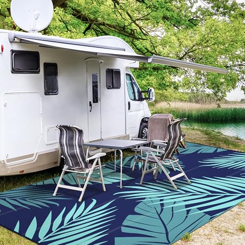 Outdoor Rug Waterproof Plastic Rugs 10'x14' for Camping Blue Green