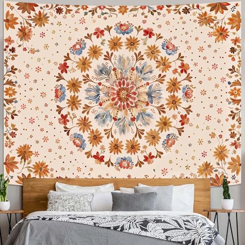 Boho Floral Mandala Tapestry Wall Hanging Watercolor Bohemian Flower Medallion Tapestry Aesthetic Beige Orange Hippie Indian Small Tapestries for Bedroom Living Room Dorm Decor 40 x 30 Inch