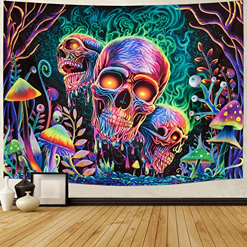 Blacklight Skull Tapestry Trippy Skeleton Wall Tapestries UV Reactive Neon Plants Trees Tapestries Aesthetic Galaxy Space Tapestry Wall Hanging for Bedroom Decor