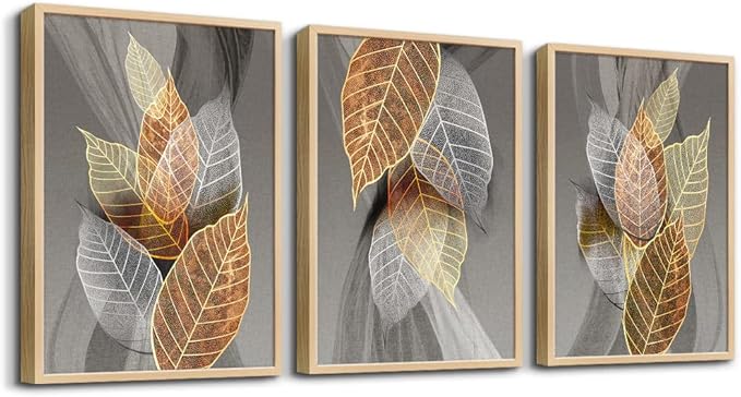 Natural Framed Canvas Wall Art - 3 Piece Abstract Leaves Prints for Living Room, Bedroom, Modern Bathroom, Kitchen Decor