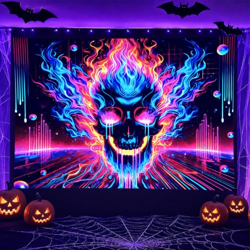 Blacklight Tapestry Flaming Skull UV Wall Art 78 x 59 Inch