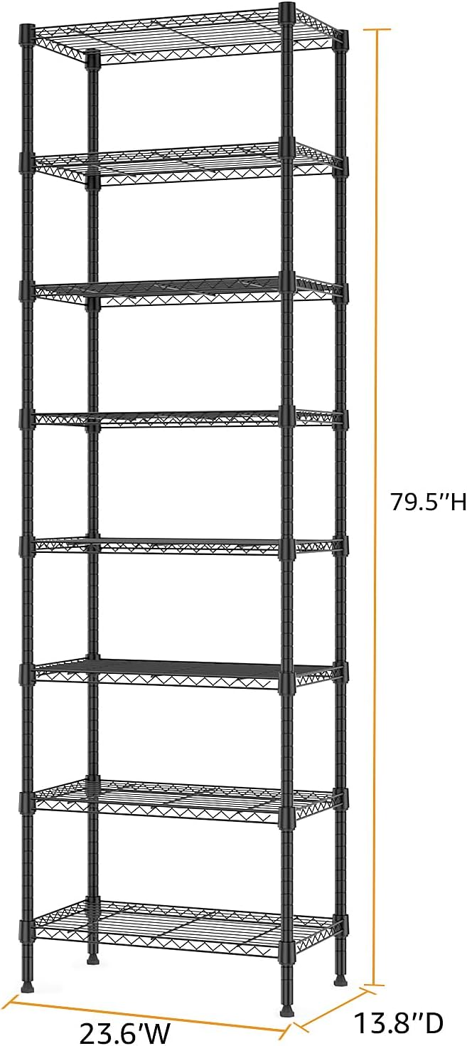 8 Tier 2000 lbs Storage Rack Metal Wire Shelving Unit, Storage Standing Shelf Organizer for Laundry Bathroom Kitchen Pantry Closet Garage Basement Utility Room, Black 13.8" D x 23.6" W x 79.5" H - NestledHome