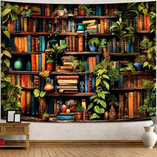 Botanical Bookshelf Tapestry Lush Green Plant Book Shelf Tapestries Wall Hanging Vintage Retro Potted Plants Academics Extra Large Library Tapestry for Bedroom Living Room Dorm 90 x 68 inch