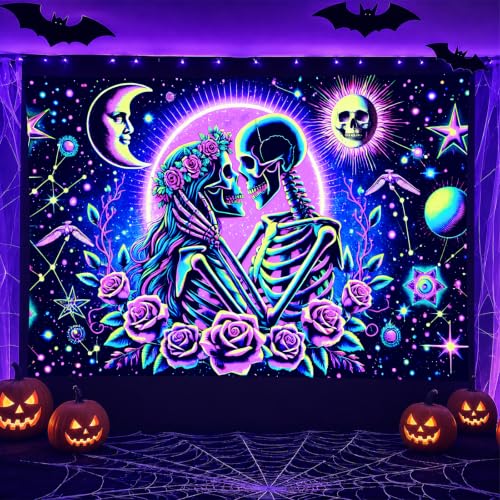 Blacklight Tapestry Skeleton Love Room Wall Art 78 x 59 Inch