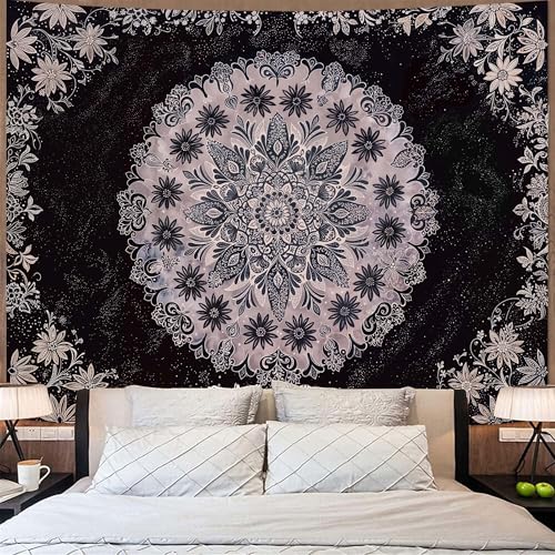 Boho Floral Mandala Tapestry Wall Hanging Grey Bohemian Flower Medallion Tapestry Aesthetic Gray Black Hippie Indian Small Tapestries for Bedroom Living Room Dorm Decor 80 x 60 Inch