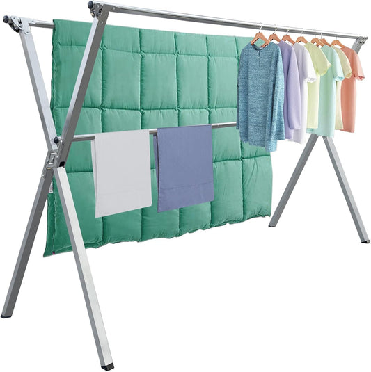 Clothes Drying Rack Folding Indoor Outdoor, Foldable Portable Laundry Drying Rack, Heavy Duty Laundry Hanger Dryer Rack with 20 Hooks (79.55'') - NestledHome