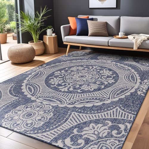 Medallion Outdoor Rug 9x12 Washable Outside Carpet for Indoor Patio Porch Waterproof Easy Cleaning Non Shedding Area Rugs Blue 9 x 12