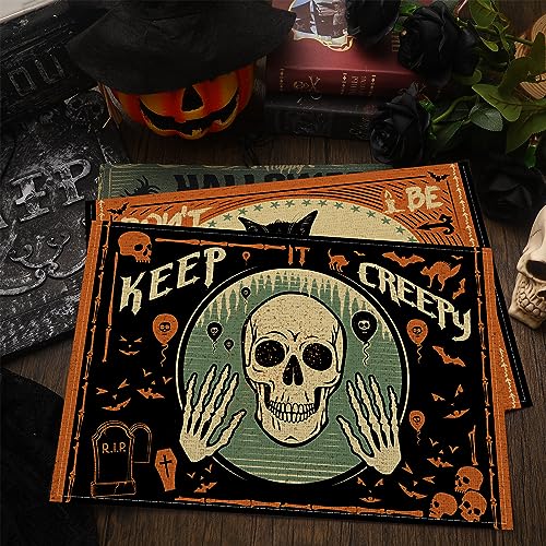 6 Pcs Halloween Placemats 12"x18" Gothic Bat Placemats Kitchen Decoration Washable Witch Place Mats Rectangle Skull Table Mats for Halloween Dining Table Accessories