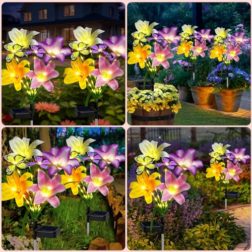 Solar Garden Lights Outdoor 4 Pack Lily Lights with Butterflies (4 Count)