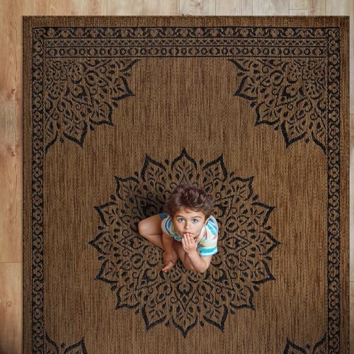 Outdoor Rug 10x14 Medallion Nut Brown Black Modern Area Rugs for Large Indoor and Outdoor Patios