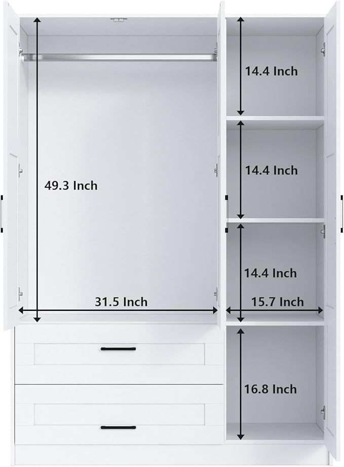 3 Doors Wooden Wardrobe Closet Armoire, White Storage Cabinet for Hanging Clothes, Bedroom Large Capacity Freestanding Armoire,Wood Wardrobe Combination with Shelves (2drawer, White)