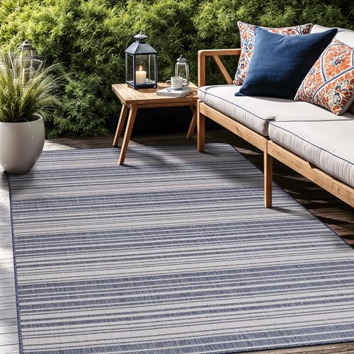 Stripe Outdoor Rug 10x14 Washable Outside Carpet for Indoor Patio Porch Waterproof Easy Cleaning Non Shedding Area Rugs Blue 10 x 14 (140 Sq Ft)