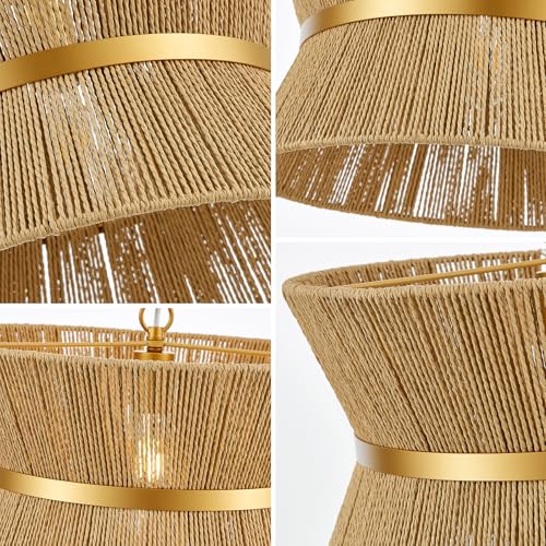 18” Hand Woven Rattan Boho Chandelier Brass Ajustable Pendant Light for Kitchen Island Living Room Bedroom Hallway