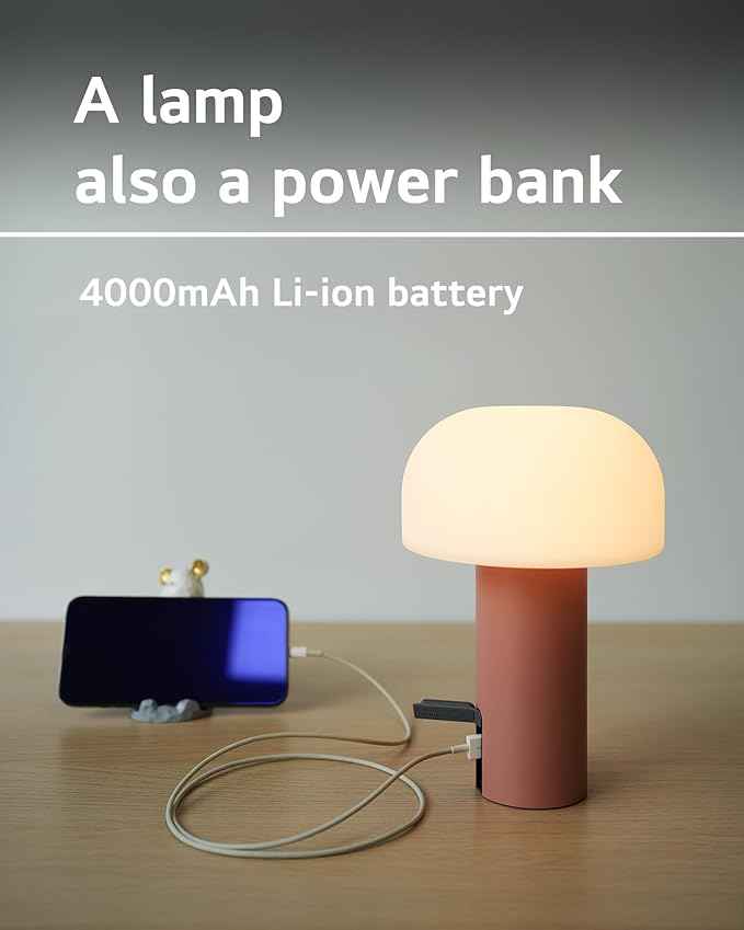 Cordless Mushroom Table Lamp, Waterproof Shower Lamp, Battery Operated Table Lamp Rechargeable, Touch Dimmable Night Light for Bedroom/Patio/Camping/Dinning/Outdoor (Pink)