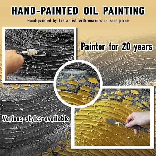 Abstract 3D Hand Painted Wall Art for Office Black and Gold Canvas Wall Art for Bedroom Modern Wall Decor for Living Room Size 24 x 47 Inch