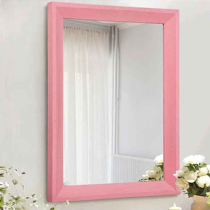 AAZZKANG Rectangle Mirror with Wood Frame Modern Farmhouse Wall Mirrors Decor Large 26"x18" for Bedroom Bathroom Living Room Pink