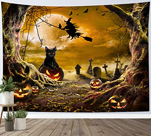 Halloween Wall Tapestry Horror Witch Cat and Dead Tree Pumpkin Lights with Spooky Graveyard Tapestry Orange Full Moon over Misty Forest Wall Decor for Bedroom Living Room Dorm 59x51 Inches