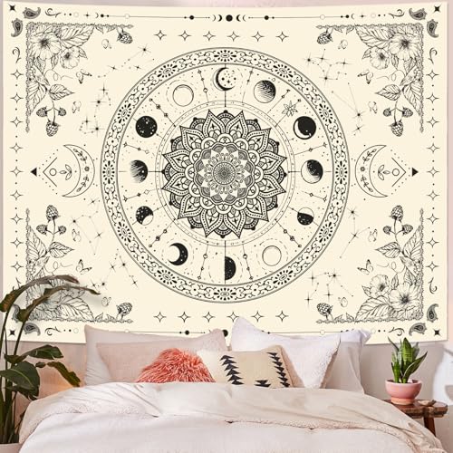 Mandala Moon Tapestry Boho Tapestry for Bedroom Black and White Tapestries Wall Hanging Living Room Wall Art and Home Decor 44x60