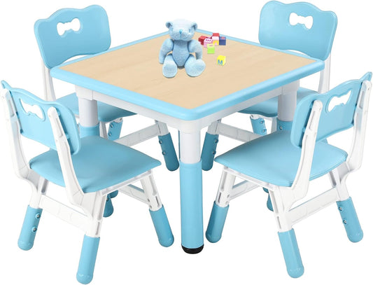 FUNLIO Kids Table and 4 Chairs Set, Height Adjustable Toddler Table and Chair Set for Ages 3-8, Easy to Wipe Arts & Crafts Table, for Classrooms/Daycares/Homes, CPC & CE Approved (5-Piece Set) - Blue - NestledHome