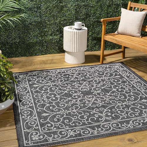Vintage Filigree Indoor Outdoor Square Area Rug 6X6 Black