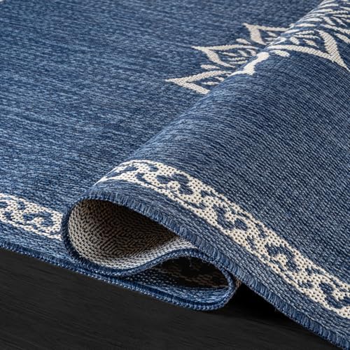 Outdoor Rug 6x9 Medallion Blue Modern Area Rugs for Indoor and Outdoor Patios Kitchen and Hallway Mats Washable Porch Deck Outside Carpet (60 Sq Ft)
