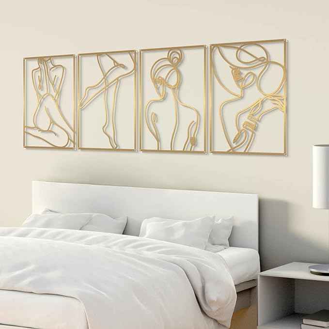 Glamativity 4 Pack Minimalist Wall Art, Real Metal Abstract Wall Art (Woman's Body Shape, Gold Elegant Style, M Size 17 x 11.8'')
