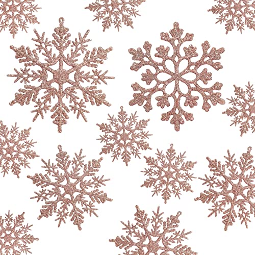 36pcs Christmas Rose Gold Snowflake Ornaments Plastic Glitter Snow Flakes Ornaments for Winter Christmas Tree Decorations Size Varies Craft Snowflakes (36 Count)