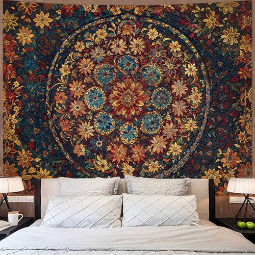 Boho Floral Mandala Tapestry Wall Hanging Vintage Bohemian Flower Medallion Tapestry Aesthetic Orange Stained Glass Hippie Extra Large Tapestries for Bedroom Living Room Dorm Decor 90 x 68 Inch