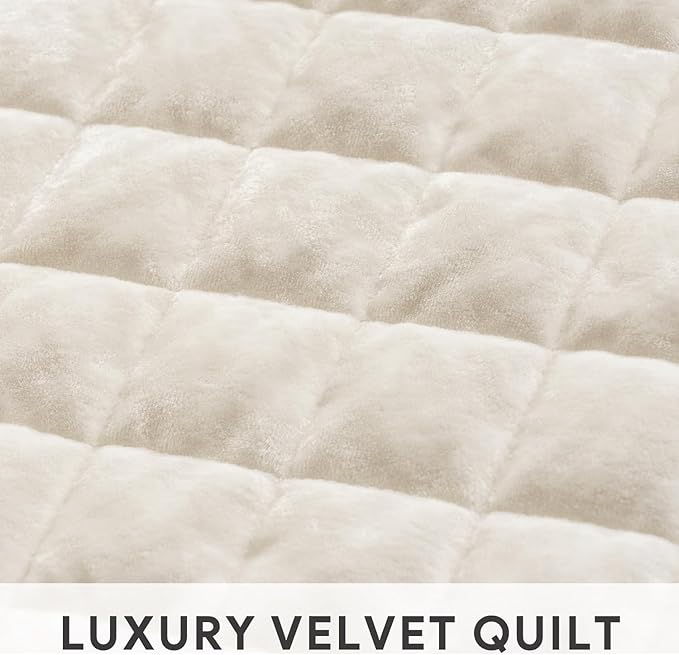 RECYCO Luxury Velvet Quilt Set, California King 118'' x 106'' Oversized Bedspread, Ultra Soft Velvet Comforter, Lightweight Box Stitch Bedding Sets for All Season, with 2 Shams, Cream White