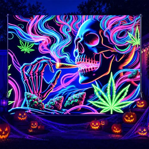 Smoking Skull Blacklight Tapestry 78x59 Inch Goth Wall Decor