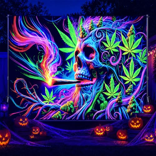 Blacklight Tapestry Smoking Skull Neon Decor 59 x 78 Inch