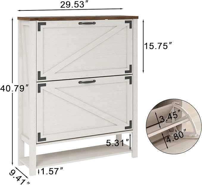 Vabches Shoe Storage Cabinet, Farmhouse Freestanding Organizer with 2 Flip Drawers, Wooden Hidden Narrow Slim Shoe Rack Cabinet for Entryway, Hallway, Foyer, White