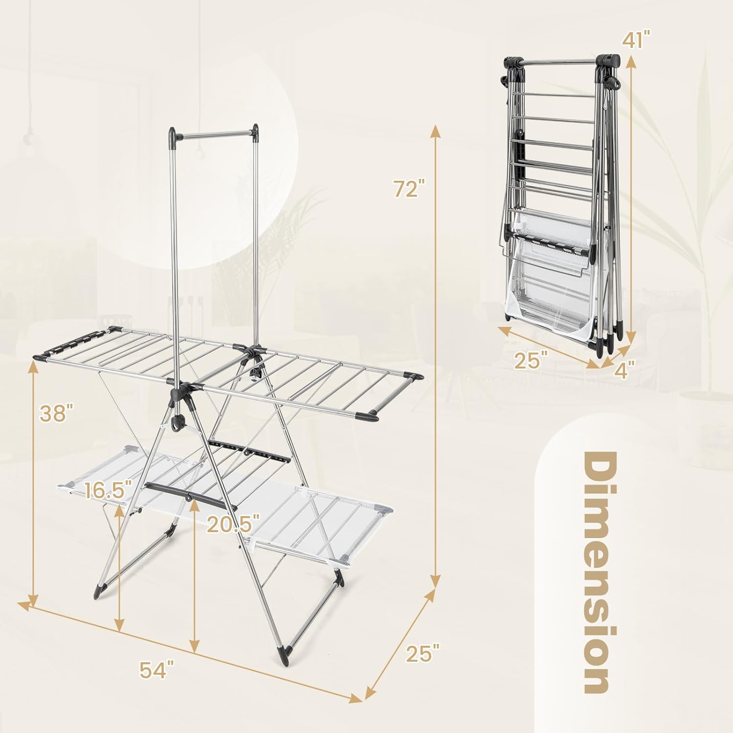Tangkula Foldable Clothes Drying Rack, 2-Tier Laundry Drying Rack w/Tall Hanging Bar, Height Adjustable Gullwing, Freestanding Garment Stand for Indoor Outdoor Use - NestledHome