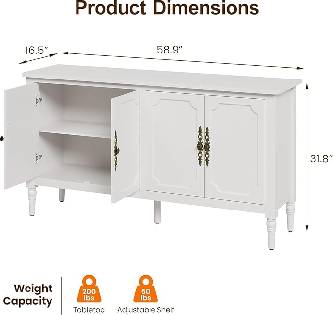 RoyalCraft Buffet Sideboard Table Set of 2, 59'' Mid Century Modern Console Table, Media Cabinet with 4 Doors, Accent Cabinet Wood Sideboard, for Entryway, Living Room, Dining Room, Satin White
