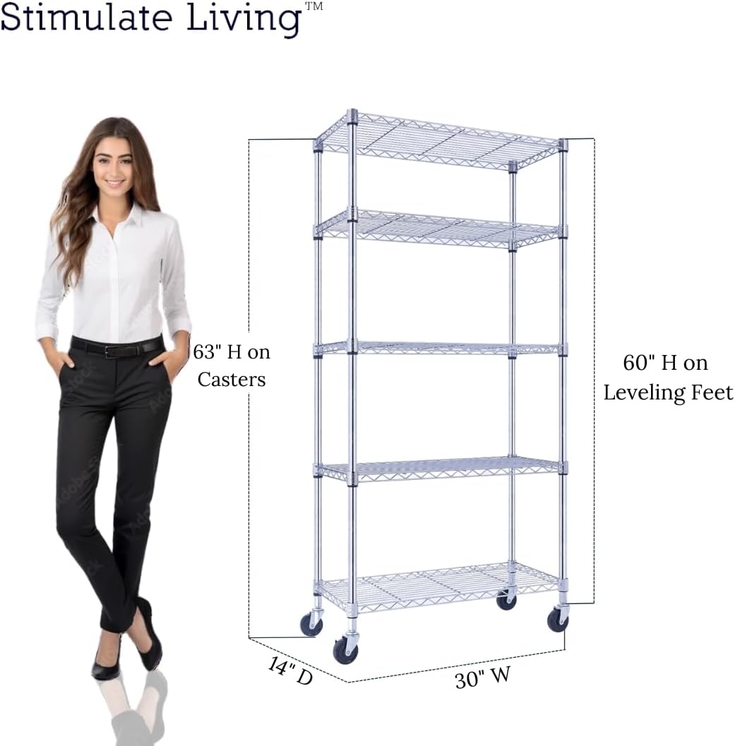 30"x14"x60" PRIME HEAVY DUTY Chrome 5-Tier Wire Shelving 1,750 LBS MAX Capacity Storage Rack for Commercial, School, Home, Garage, Warehouse, Industrial, and Hospital Uses (with Wheels) - NestledHome