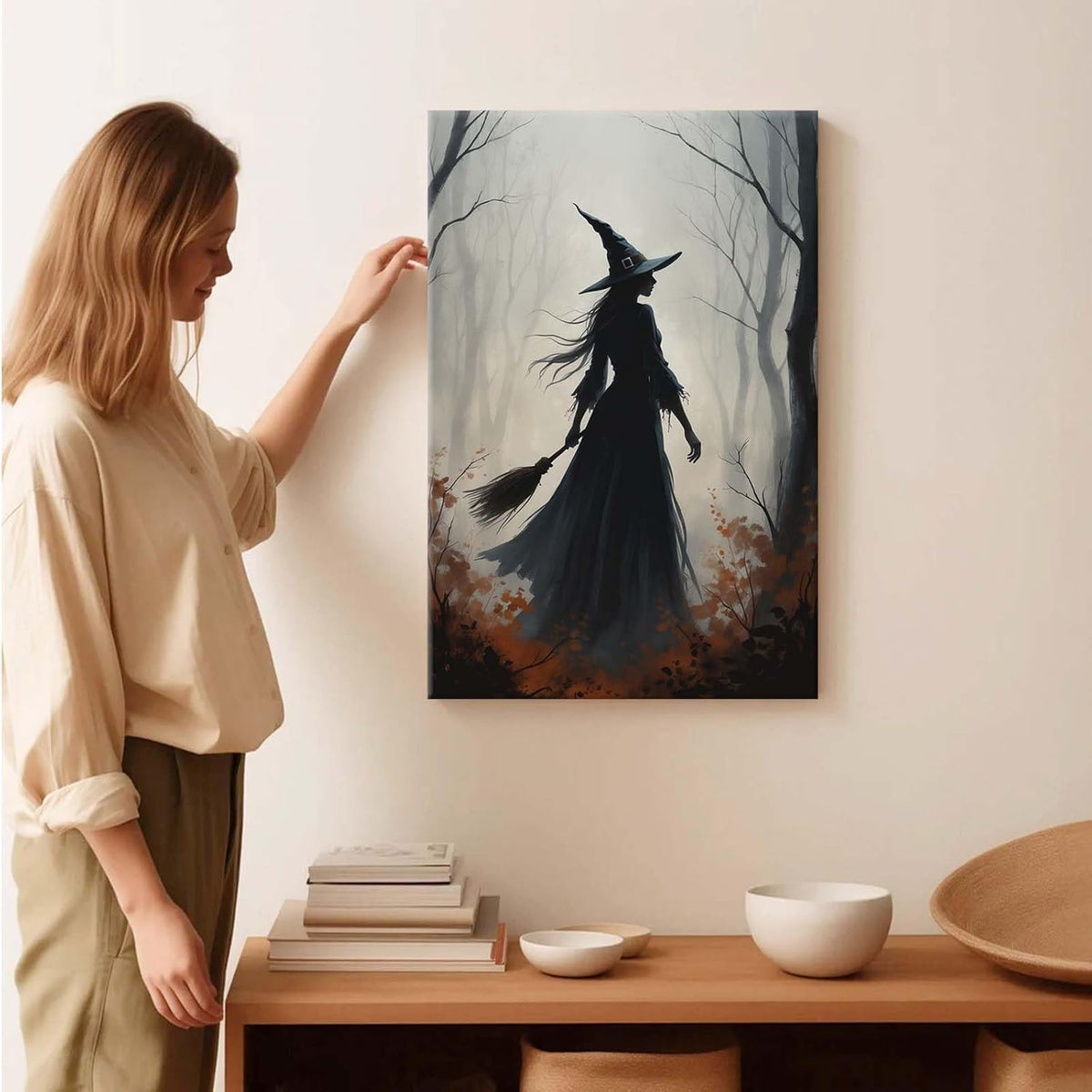 JFHCQJPK Vintage forest witch silhouette poster Halloween mural poster decoration mural art magic suitable for home living room bedroom32x48in Frameless