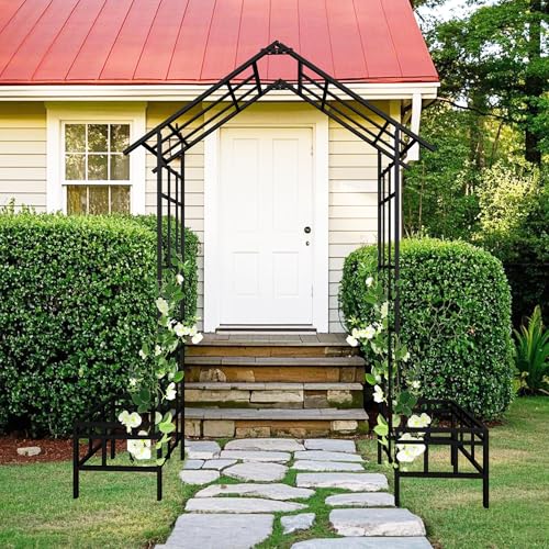 Metal Garden Arch with Plant Box Adjustable Width W68.11'' ~W94.29'' Garden Trellis Climbing Plants Support Rose Arch Outdoor Wedding Party Events Archway